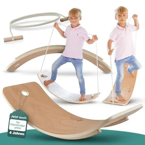 Produktbild: Surfin Balance Kid's Board - einzigartiges Kinder Balance Board mit Fingerschutz- Wobbel Board aus hochwertigem Buchenholz - Balance Board für Kinder inkl. Seil und Bodenschutz - Montessori Spielzeug