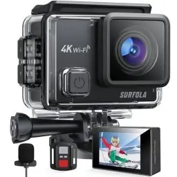 Produktbild: Surfola Action Cam 4K, Unterwasserkamera 40M Wasserdicht 20MP EIS Bildstabilisierun 170° Weitwinkel Helmkamera WiFi Actionkameras mit Externem Mikrofon 2 Akkus und Zubehör Kit 2.4G Fernbedienung