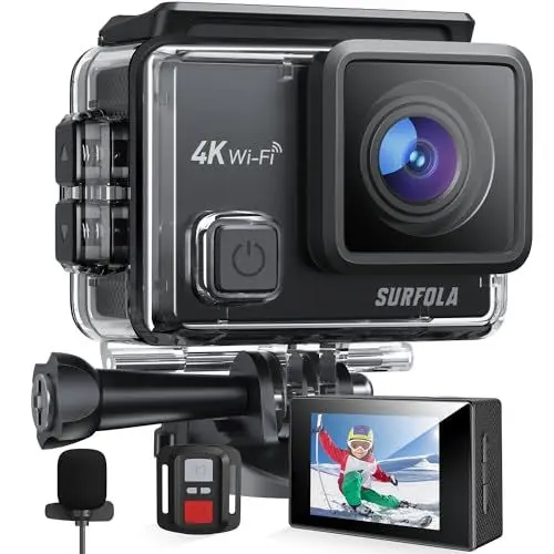 Produktbild: Surfola Action Cam 4K, Unterwasserkamera 40M Wasserdicht 20MP EIS Bildstabilisierun 170° Weitwinkel Helmkamera WiFi Actionkameras mit Externem Mikrofon 2 Akkus und Zubehör Kit 2.4G Fernbedienung