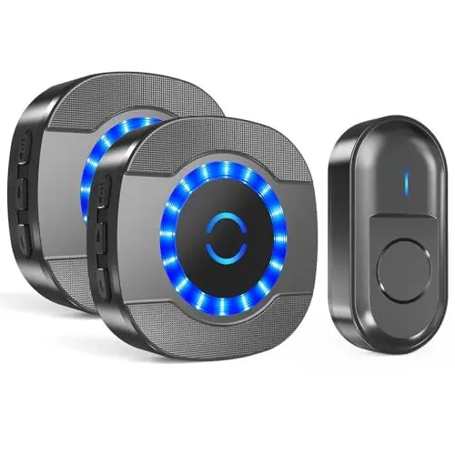 Produktbild: SURFOU Funkklingel, Kabellose Türklingel Funk Set, 300m Reichweite Aussen Wasserdicht Haustür Klingel, Funk Türklingel mit LED-Blinken, 5 Lautstärkestufen, 55 Klingeltönen, Schwarz