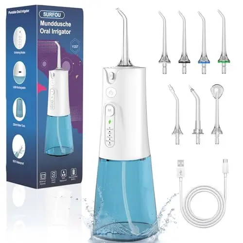 Produktbild: SURFOU Munddusche Kabellos Mundduschen 230ML 5 Modi 7 Düsen, Mundduschen Reise Water Flosser IPX7 Wasserdicht USB-C Wiederaufladbar für Reisen & Hause