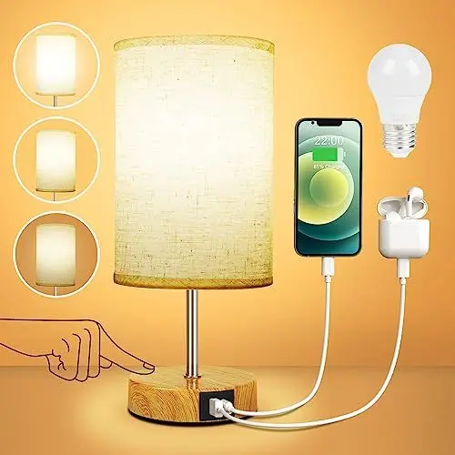 Produktbild: Suright Nachttischlampe Touch Dimmbar mit USB A+C Ladeanschlüssen, Lampenschirm aus Leinenstoff, Holzsockel, Kleine Tischlampe für Schlafzimmer Wohnzimmer (LED-Birne Inklusive)