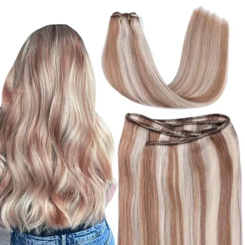 Produktbild: SURNEL 14 Zoll 80g Echthaar Tressen Zum Einnähen Highlight Hellbraune und Platinblonde Echthaarverlängerungen Gerade Bündel Echthaarverlängerungen Tressen (Tressen#8P60-14zoll)