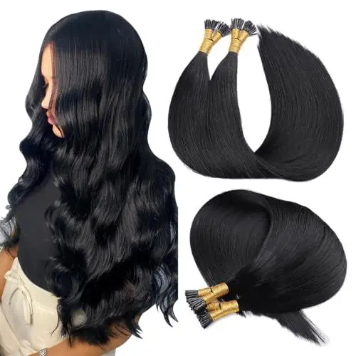 Produktbild: SURNEL I Tip Extensions Echthaar ITip Echthaarverlängerungen Echthaarverlängerungen 14 Zoll Keratin Tip Farbe Jet Black Haarverlängerungen Echthaar 50 Strähnen 40 Gramm（I-Tip#1-14zoll)