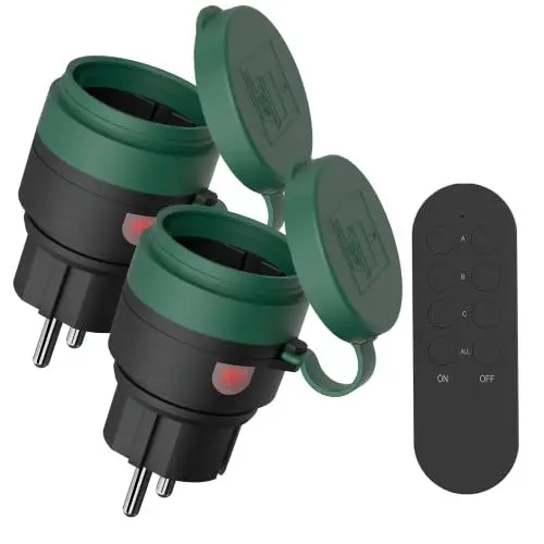 Produktbild: SURNICE Funksteckdosen mit fernbedienung Aussen, IP44 Wasserdicht Steckdosen Set 1+2, 2300 Watt, für den Außenbereich, 80M Reichweite, Plug & Play Funkschalt Set (2funksteckdose+1fern bedienung)