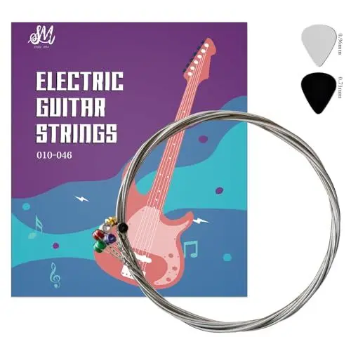 Produktbild: SurpassMusica E-Gitarren-Saiten-Gitarrensaiten E-Gitarre-Erstklassige Nickel-Gitarrensaiten für E-Gitarre (6-Saiten-Set) inkl. 2 Plektren Stärke 10–46