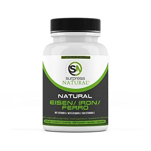Produktbild: Surpresa Natural Eisen Vitamin C Kapseln I 1 x 120 Stück I Supplement mit 14mg natürlichem Eisen & 80mg Vitamin C I Vorrat für 4 Monate I Eisenkapseln hochdosiert I 100% vegan & natürlich