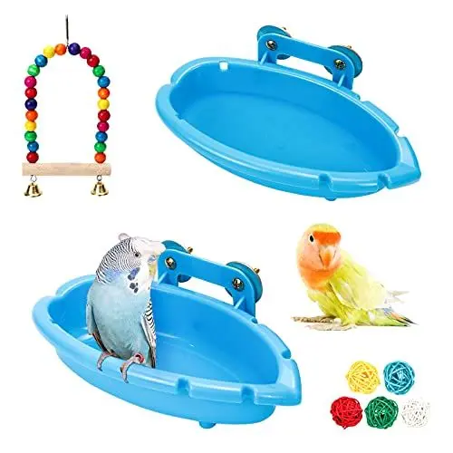 Produktbild: suruikei 2 Stück Vogelbadewanne für Käfig, Wellensittich Badewanne Vogel Dusche, Vogelkäfig Badewanne Zubehör mit Wellensittich Schaukel Und Rattan Bälle für Wellensittich Nymphensittich Sittich Fink