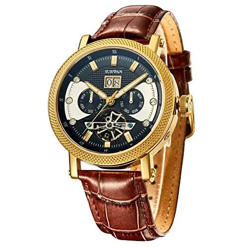 Produktbild: SURVAN Armbanduhr Designer automatische schweizerische Armbanduhr für Männer Weltzeit 18k Gelbes Gold Saphir-Kristalle Mechanische Skelettuhr Echtes Leder Armband (Gold)