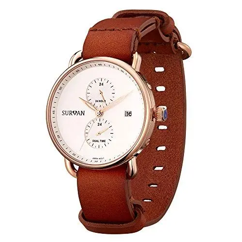 Produktbild: SURVAN WatchDesigner Herrenuhr Dual-Time mit Kalender Saphir Glas Japanisches Quartzwerk Edelstahl Gehäuse Minilistisch Zifferblatt Edel Elegant Zeiger (Weiß Zifferblatt mit Braun Lederarmband)