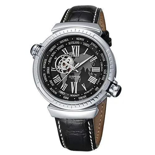 Produktbild: SURVAN WatchDesigner Herrenuhr Urban Kristallglas Weltzeit Automatik Modisch Skelett Design Bequem Lederarmband Praktisch Kalendaranzeige Metall Gehäuse Luxusaccessoire Wasserdichtig (Schwarz)