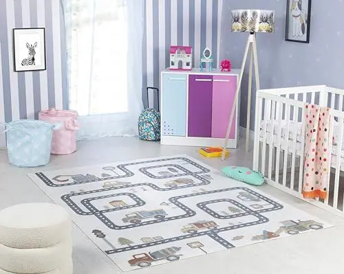 Produktbild: Livabliss Auto-Spielmatte Kinderteppich Waschbar - Cartoon 80x150 cm, Krabbelteppich, Spielteppich für Kinderzimmer oder Babyzimmer - Baby Teppich für Jungen & Mädchen, Creme