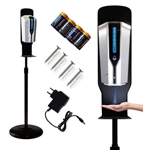 Produktbild: SUSANI Desinfektionsspender/Seifenspender (1200ml) – Desinfektionsspender Sensor inkl. höhenverstellbarem Bodenständer (60-110cm) – automatische Bedienung (Silber)