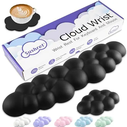 Produktbild: Sushret Wolke Handballenauflage Tastatur, Ergonomisches Wolke Handauflage Tastatur Mit Pu Leder Memory Schaum, Niedliche Tastatur Handgelenkstütze Für Pc/Gaming/Handpolster/Computer – Schwarz