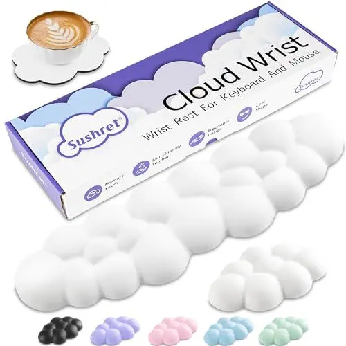 Produktbild: Sushret Wolke Handballenauflage Tastatur, Ergonomisches Wolke Handauflage Tastatur Mit PU Leder Memory Schaum, Niedliche Wolken Wrist Rest Pad Für PC/Gaming/Arm Handpolster/Computer – Weiß