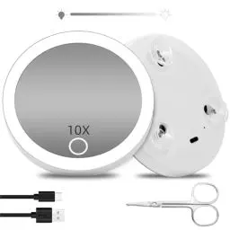 Produktbild: Suupvaor Reise Vergrößerungsspiegel mit Licht 10X, Beleuchteter Vergrößerungsspiegel mit 3 Saugnäpfen und Schere, 4inch Wiederaufladbarer Abblendbarer Makeup Spiegel mit 10X Vergrößerung