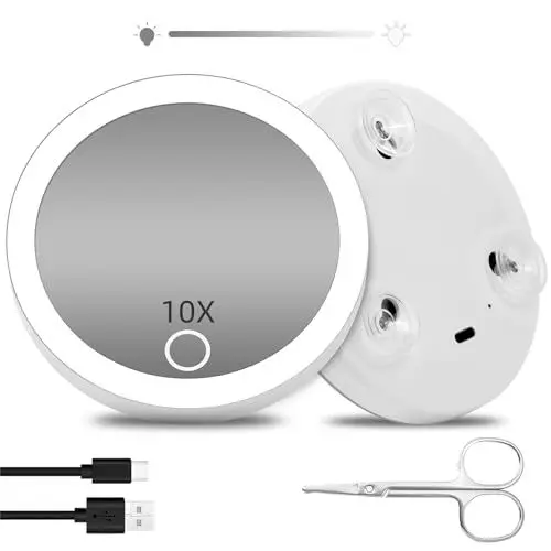 Produktbild: Suupvaor Reise Vergrößerungsspiegel mit Licht 10X, Beleuchteter Vergrößerungsspiegel mit 3 Saugnäpfen und Schere, 4inch Wiederaufladbarer Abblendbarer Makeup Spiegel mit 10X Vergrößerung