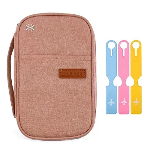 Produktbild: Suweir Reisepass Tasche Familie Reisepasshülle und 3 Stück Kofferanhänger Reisedokumententasche Reiseorganizer mit RFID Blockier Travel Organizer für Pass, Kreditkarten, Reisedokumente, Ausweis