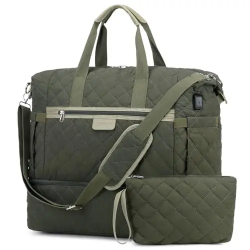 Produktbild: Suweir Reisetasche Damen Weekender Sporttasche Handgepäck Tasche mit Schuhfach Groß Kliniktasche Puffer Travel Gym Bag Strandtasche mit Kulturtasche für Frauen, Reisen, Fitness, Yoga Grün