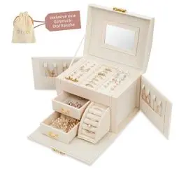 Produktbild: SUYAY Schmuckkästchen für Damen und Mädchen, Schmuckaufbewahrung mit Jewelry Bag, Schmuck Organizer für Ringe, Ketten, Ohrringe, abschließbarer Schmuckkasten modern mit Spiegel in Weis/Perle