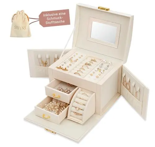 Produktbild: SUYAY Schmuckkästchen für Damen und Mädchen, Schmuckaufbewahrung mit Jewelry Bag, Schmuck Organizer für Ringe, Ketten, Ohrringe, abschließbarer Schmuckkasten modern mit Spiegel in Weis/Perle