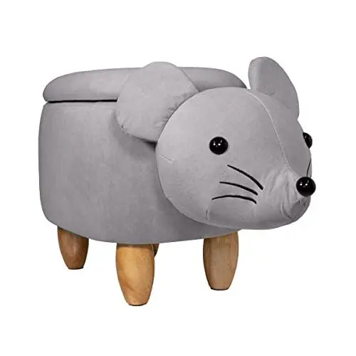 Produktbild: SVITA Animal Storage Kinderhocker Tierhocker mit Stauraum gepolsterter Hocker mit Holzbeinen Tier-Motiv (Maus Grau)