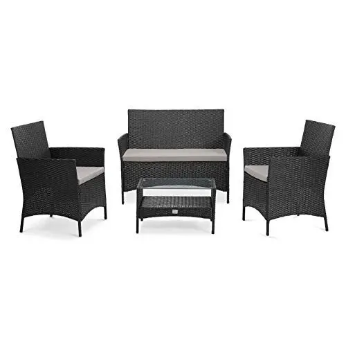 Produktbild: SVITA Brooklyn Gartenmöbel Poly Rattan Sitzgruppe Essgruppe Set Sofa-Garnitur Lounge Schwarz