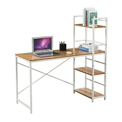Produktbild: SVITA Combo2 Computertisch Eiche-Optik weiße Metall-Beine mit Regal Schreibtisch Bürotisch Arbeitstisch PC Tisch