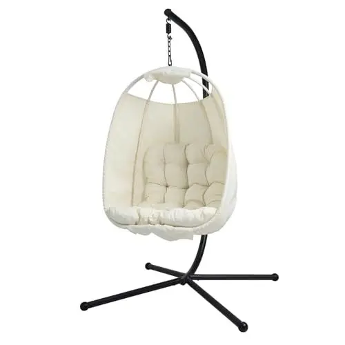 Produktbild: SVITA Nelly Hängesessel mit Gestell Loungesessel Hängesitz Hängestuhl klappbar Hängekorb Hängeschaukel Outdoorsessel Beige
