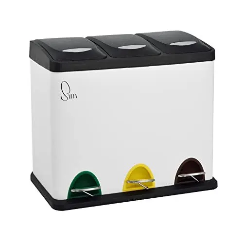 Produktbild: SVITA TC3X8 Mülleimer 3 Fächer, 24 Liter Treteimer mit Tretmechanismus, Pulverbeschichteter Stahl, Pedale mit Farblicher Kennung, Herausnehmbare Inneneimer, Mülltrennsystem ideal für Bad und Küche