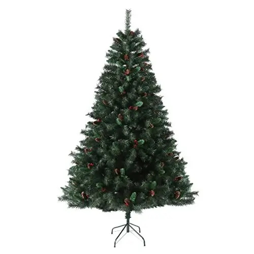 Produktbild: SVITA Weihnachtsbaum künstlich mit Tannenzapfen und Stechpalmen mit 1017 Zweig-Spitzen inkl. Metall Ständer Tannenbaum künstlich Kunstbaum (Luvi-Nadeln | 210cm)