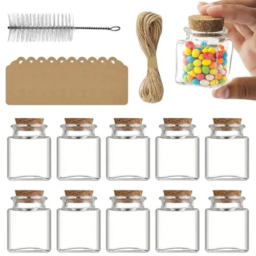 Produktbild: Svitzoot 10Pz Kleine Glasflaschen mit Korkverschluss 4,3 * 4,3 * 5,5cm Bonbon Gläser Gewürz Gläschen 50ml Quadratisch Vorratsgläser als Gastgeschenke Hochzeit Begleitkarte und Schnur