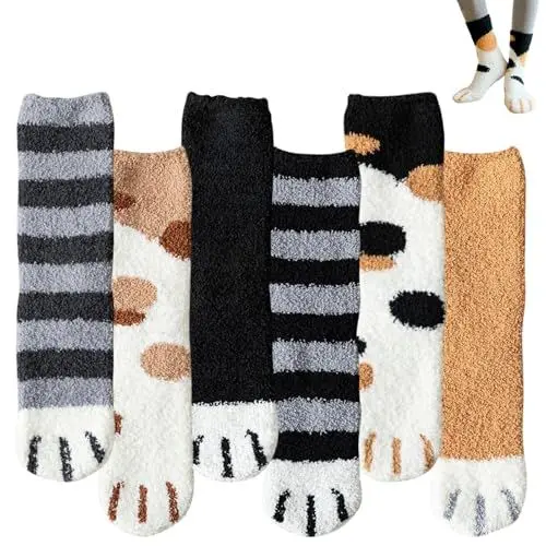 Produktbild: Svitzoot 6 Paar Kuschelsocken Damen Wintersocken Socken Flauschige Warme Verdickte Katzenklauen-Socken Tierbettsocken