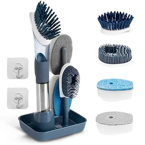 Produktbild: Svitzoot Geschirrbürste 4 in 1 Multifunktionale Reinigungsbürste Spülbürste mit Spülmittel Auswechselbar Spülbürsten Set Seifenspenderbürste für Topf Spüle Pfanne (Blau)