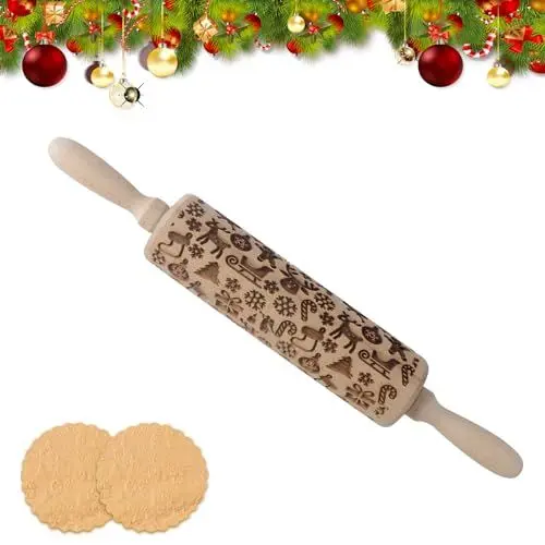 Produktbild: Svitzoot Teigroller Weihnachten 3D Weihnachtsmuster Präge Teigroller mit Prägung Weihnachten Geprägt Teigroller 30cm Länge Nudelholz mit Muster für Keksen Pizzen Fudge