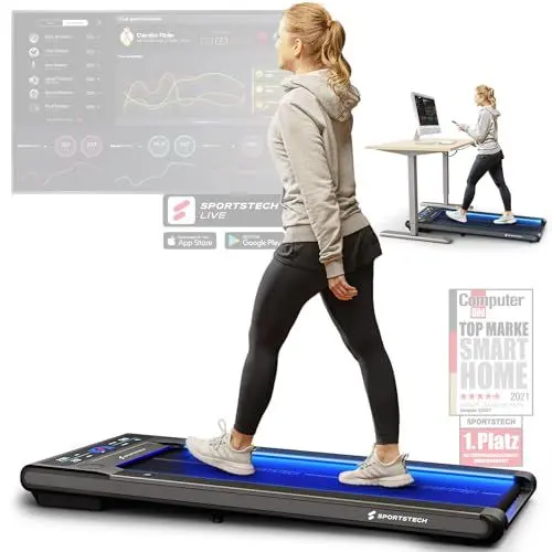 Produktbild: sWalk Walking Pad Laufband mit LED - Deutsche Qualitätsmarke - 1-6 km/h Geschwindigkeit mit interaktivem LCD-Display & App kompatibel - Flexibles Under Desk Schreibtisch Treadmill für Zuhause &Büro