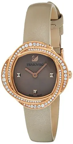 Produktbild: Swarovski Crystal Flower Uhr, Damenuhr mit Rosé Vergoldetem Gehäuse, Grauem Zifferblatt, Swarovski Kristallen und Grauem Lederarmband
