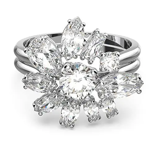 Produktbild: Swarovski Gema Cocktailring, Weißer, Rhodinierter Damenring mit Zartem Blumenmotiv und Edlen Swarovski Kristallen