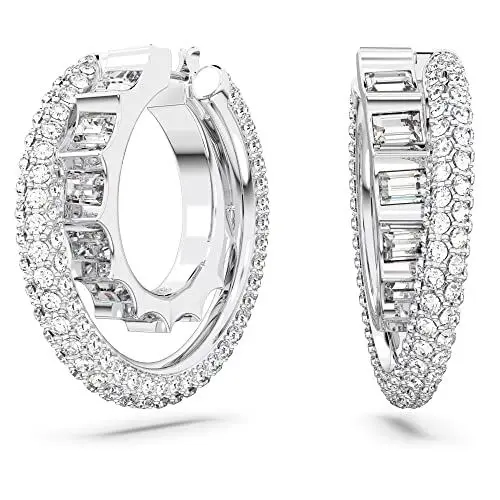 Produktbild: Swarovski Rota Ohrringe, Weiße und Rhodinierte Kreolen im Baguette-Schliff mit Strahlenden Swarovski Kristallen