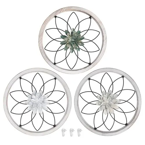 Produktbild: SWAWIS 3 Stück Rustikale Wanddeko Runde, Ø 30cm 3D Blumen Wanddekoration, Wanddekoration Metall mit Holzrahmen, Familie Wandkunst Rund für Wohnzimmer Korridor Schlafzimmer Esszimmer Büro (Dicke 2cm)