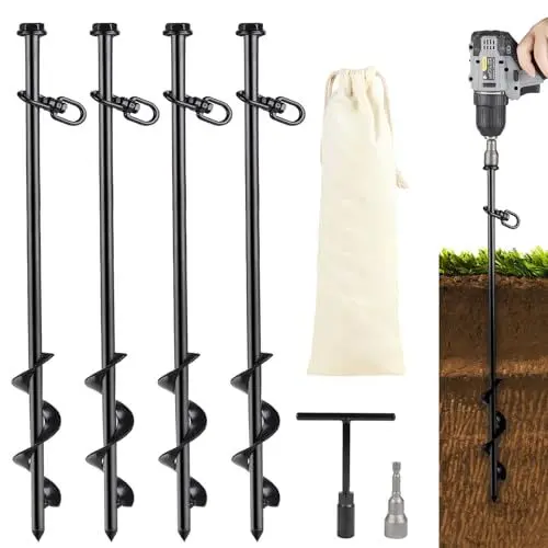 Produktbild: SWAWIS 4 Stück Bodenanker Trampolin Erdanker 40cm Stahl Eindrehen Erdanker Bodenanker Zum Eindrehen mit Erdbohrer Adapter, Schraubenschlüssel, Aufbewahrungstasche für Zelte, Trampolin, Vordächer