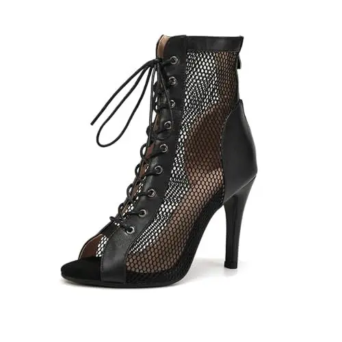 Produktbild: SWDZM Damen Lateinische Tanzstiefel Reißverschluss Peep Toe Salsa Bachata Ballsaal Tanz Stiefeletten Absätze Tanzschuhe,Schwarz,Frese 9.5cm,Gummisohle,37.5EU