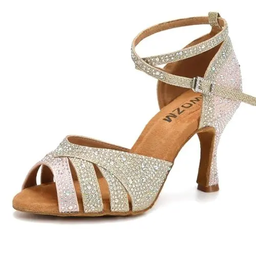 Produktbild: SWDZM Tanzschuhe Damen Latein Glitzer Professionell Salsa Tango Party Hochzeit Ballsaal Tanz Schuhe,Rosa+Gold,Ferse 7.5cm,Wildledersohle,38EU