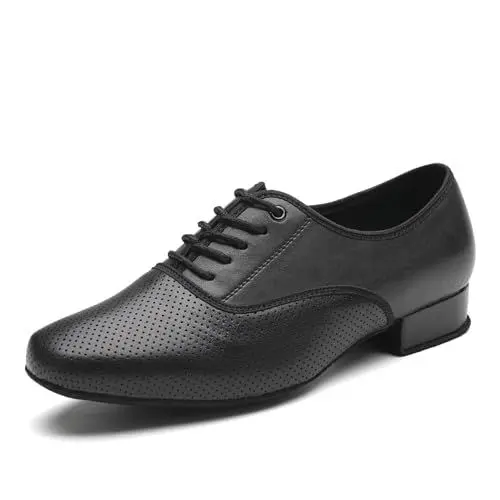 Produktbild: SWDZM Tanzschuhe Herren Latein Atmungsaktiv Leder Tango Salsa ballsaal Tanzschuhe 2.5cm Niedriger Absatz Übungsschuhe,Schwarz,Wildleder Sohle,44EU