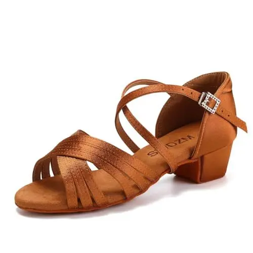 Produktbild: SWDZM Tanzschuhe Mädchen Latein Satin Professionelle Tanzschuhe Ballsaal Salsa Tanzschuhe Damen,Braun Raso,Frese 3.5cm,Wildledersohle,31.5 EU