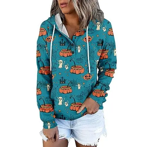 Produktbild: Sweater Damen Taillierte Sweater Mehrfarbig Rundhals Halloween Loungewear Neuhei Tops Maedchen Longsleeve Weich Polyester Grosse GröSsen Button Hellblau