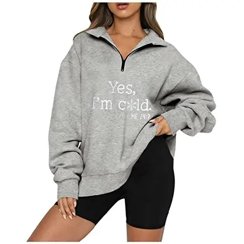 Produktbild: Sweater for Female Winddicht Boyfriend Sweater Reißverschluss Rundhals Herbst Langärmlige Homewea Blusentops Frauen Klassische Polyester Kurz Gemustertes Grau