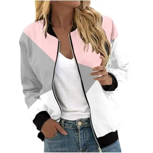 Produktbild: Sweatjacke Damen,Bomberjacke Damen Kurze Blouson Jacke Casual Pilotenjacke Langarm Outwear Zip Up Solid Leichte Coat Sweatjacke,Übergangsjacke,Windbreaker