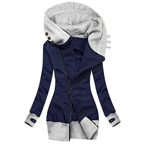 Produktbild: Sweatjacke Damen Langjacke mit Kapuze und Daumenloch Dünne Jacke Kapuzenjacke Blumenmuster Hohem Kragen Hoodie Jacke Herbst Winter Übergangsjacke Casual Jacken Outwear mit Taschen Blau 3XL