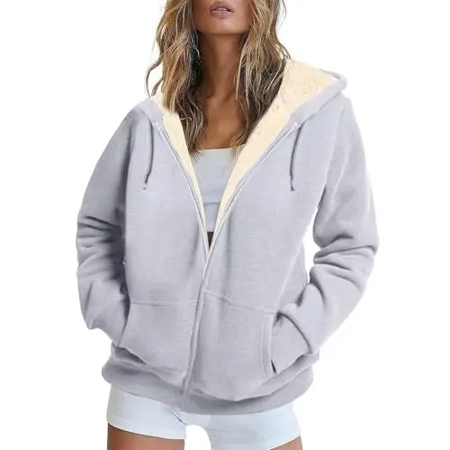 Produktbild: Sweatjacke Damen Gefüttert Mit Kapuze Winterjacke Damen Warm Innenfutter Wintermantel Elegant Oversize Damenmantel Frauen Innenfell mit Reissverschluss Kuscheljacke Einfarbig Mantel